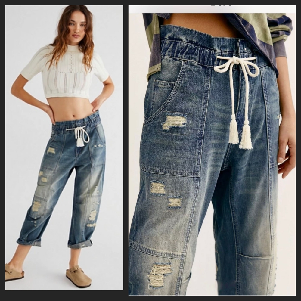 We The Free Peiple IN MY TIME distressed Destructed Cargo Baggy Cropped Jeans